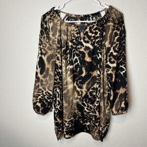 Chico's Black Label Blouse Womens 3 Brown Animal Print Tunic Top Long Sleeve